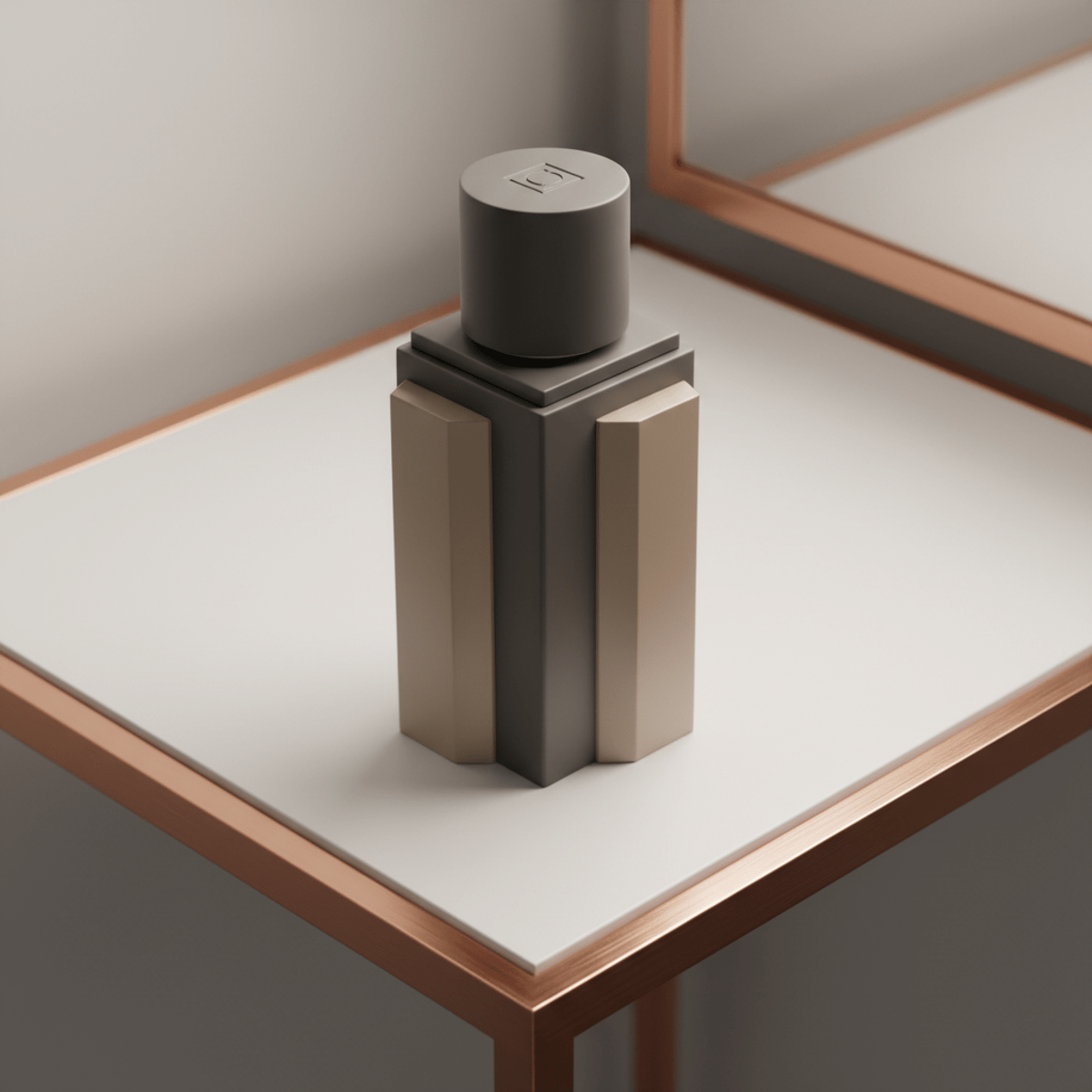 Architectural men's cologne bottle with smooth matte ceramic coating and geometric design.