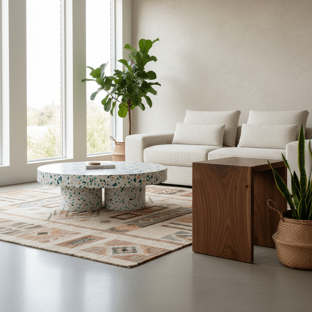Bright contemporary living room with terrazzo coffee table and natural weave rug.
