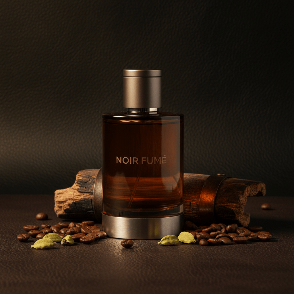 Minimalist amber cologne bottle with coffee beans and whiskey barrel on leather.