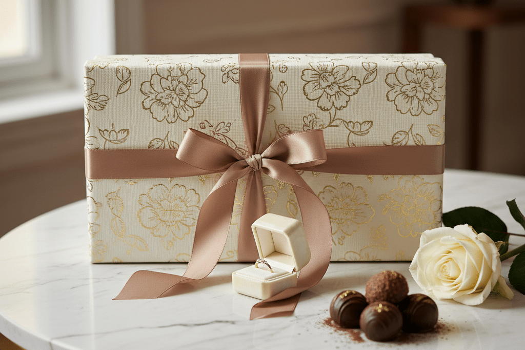 Close-up of an exquisite gift box with chocolates and flower under soft natural light, symbolizing premium unboxing experience