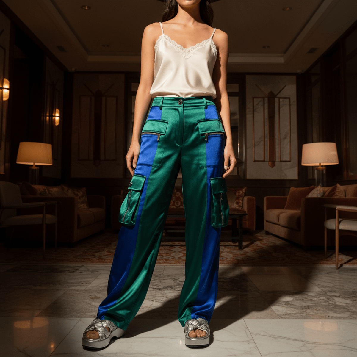 Model wears silky satin jewel-toned cargo pants in emerald and sapphire.