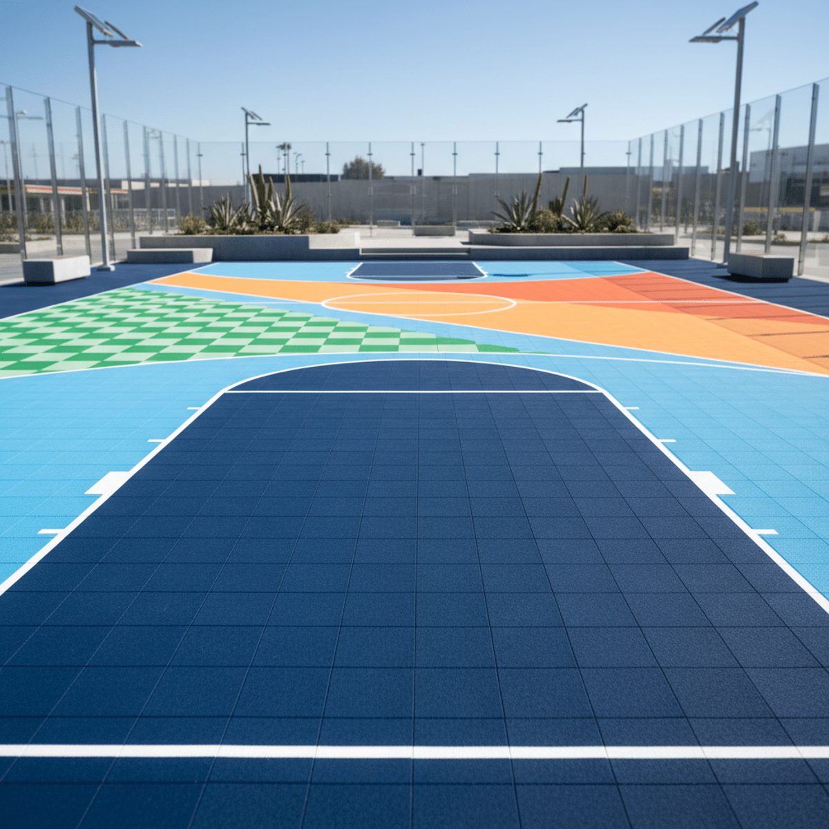 Futuristic outdoor multi-sport court with vivid geometric mosaic tiles for various sports.