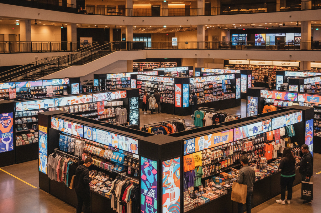 Multiple colorful merchandise stands in a busy concert concourse under warm light, symbolizing retail gold