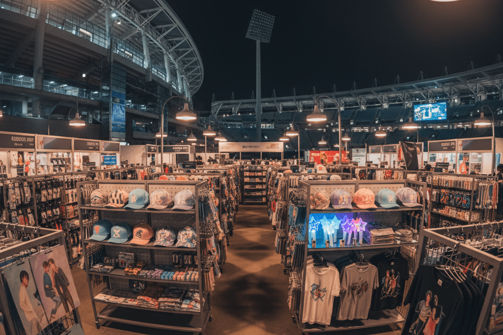 Wide-angle view of vibrant K-pop merch booth lit by ambient lights inside an empty stadium