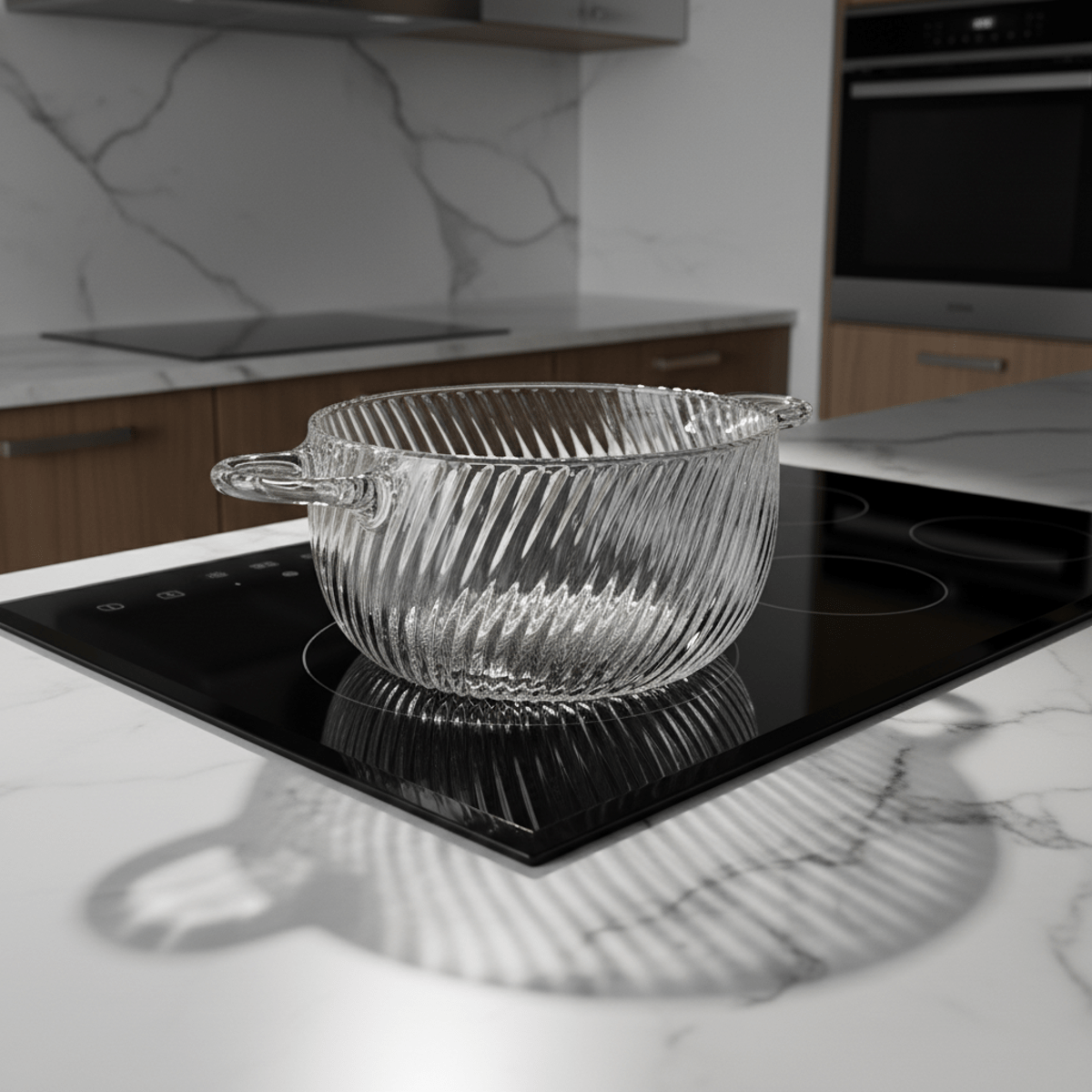 Vintage glass cooking pot with spiral texture on modern induction cooktop.