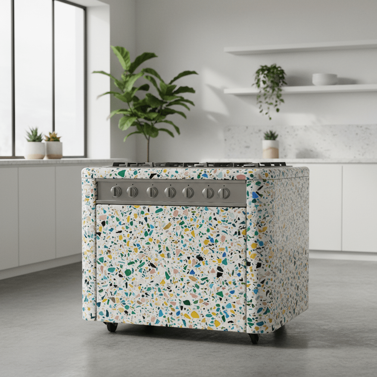 Movable gas stove made of recycled terrazzo with multicolor speckled surface.