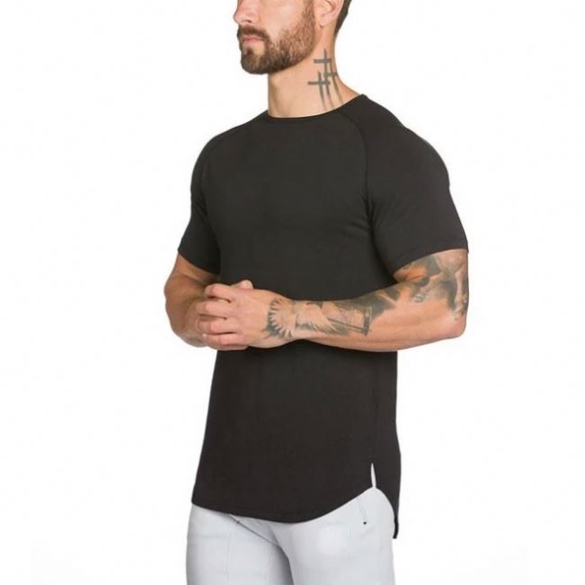 Mens Longline Gym Muscle Bodybuilding Tshirts Hipster Reflective Line Scallop Crewneck Tees Shirts Tops