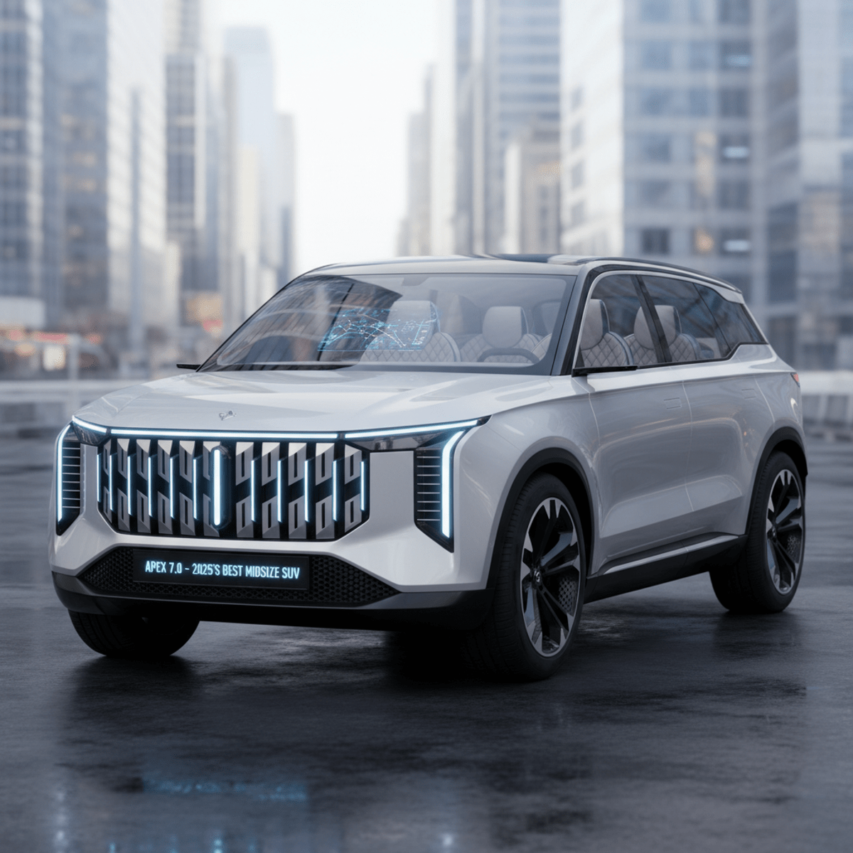 Futuristic SUV with LED lights parked in a modern urban environment.