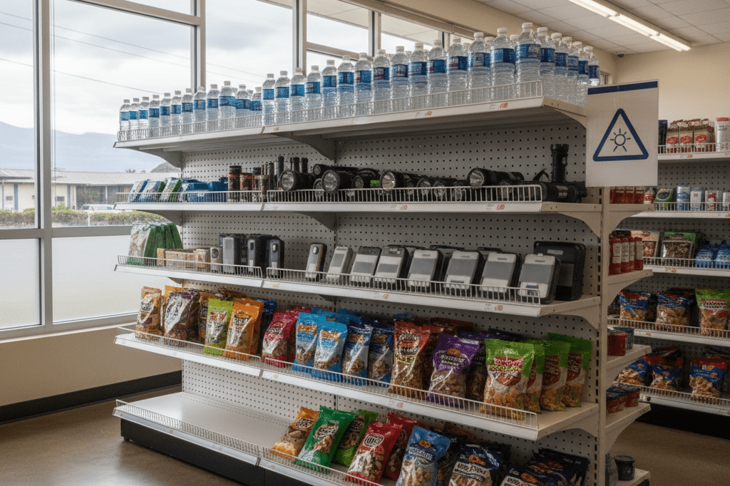 Medium shot of a well-stocked retail shelf with bottled water, flashlights, batteries, and snacks in a Hawaiian store under natural overcast lighting