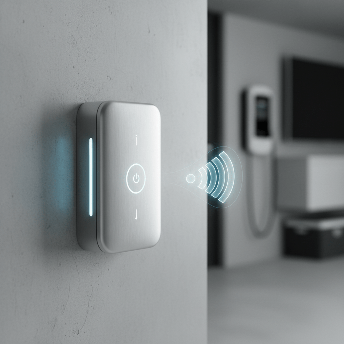 Sleek metallic garage door opener with LED indicators in a futuristic smart home.