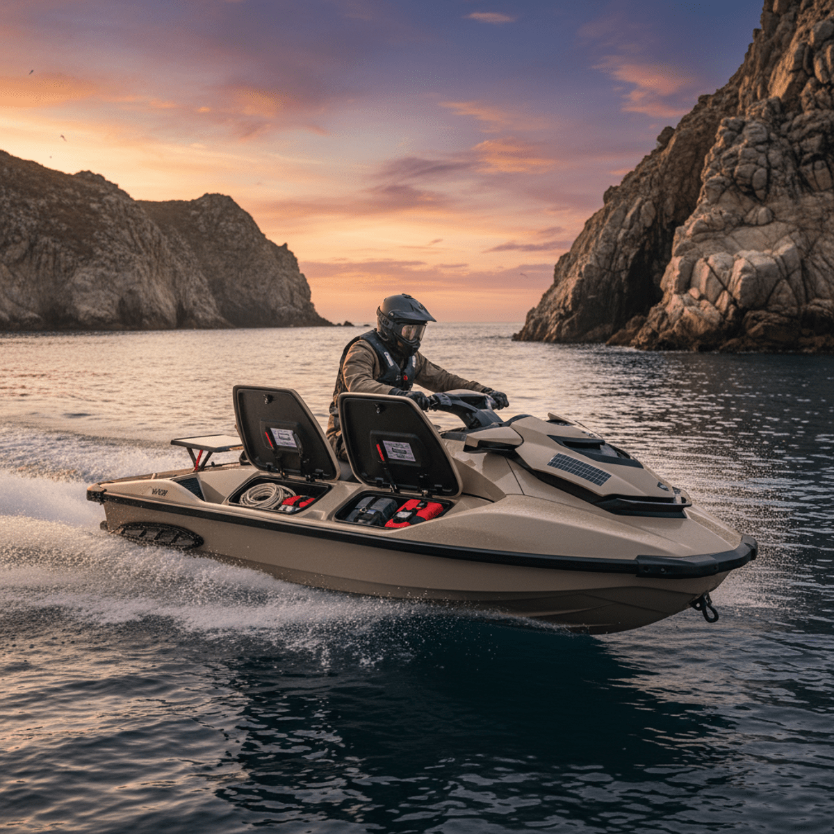Mini jet ski in matte sand beige slicing through calm coastal waters with rocky cliffs.
