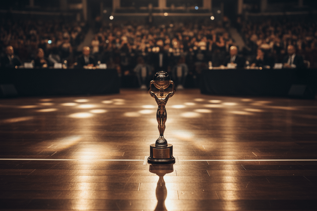Empty bodybuilding stage with central trophy under spotlights, representing strategic success and visual merchandising