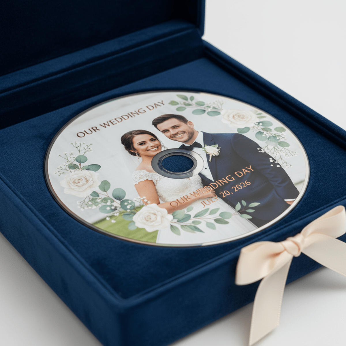 Custom wedding Blu-ray disc with portrait and floral design in a velvet box.