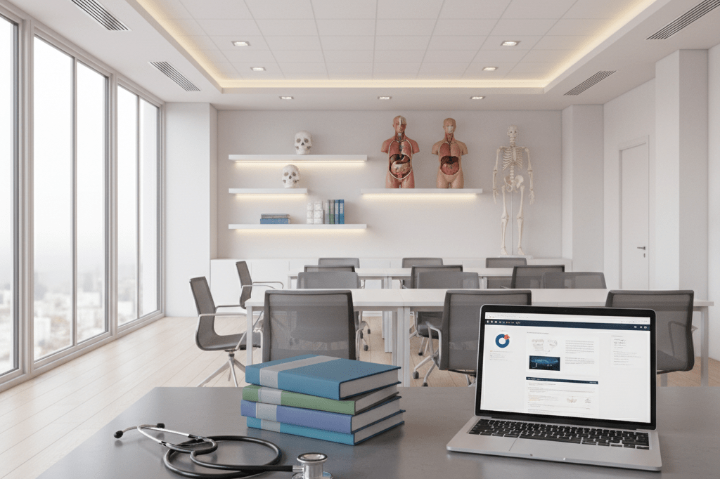 Medical training facility equipped with textbooks, anatomical models, and tech under natural light, symbolizing healthcare education expansion