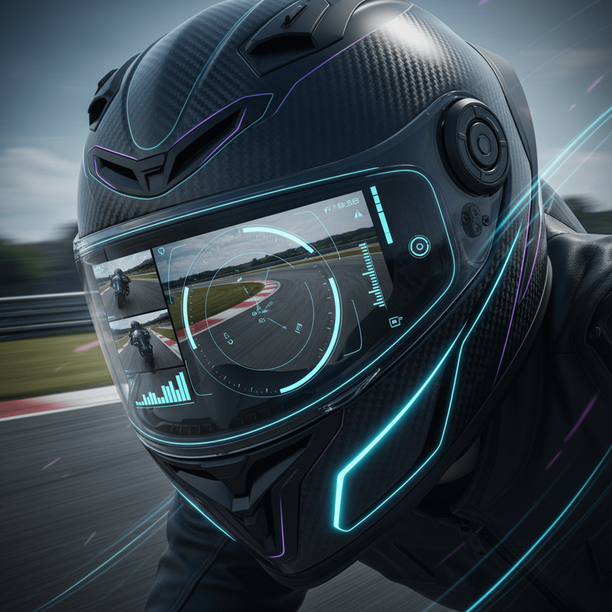 Motorcycle helmet camcorder displays telemetry data overlaid on sportbike racing footage.