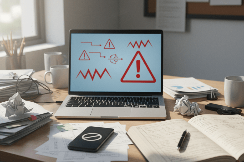 Retail office desk showing signs of digital platform disruption Cluttered retail desk with error screens and ledgers under natural light, symbolizing business impact from platform outages