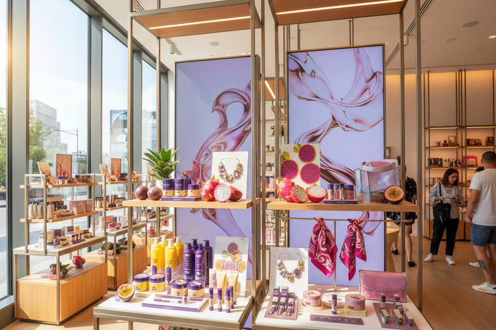 Artistically arranged passion fruit cosmetics and dragon fruit accessories under natural light in a stylish store setting