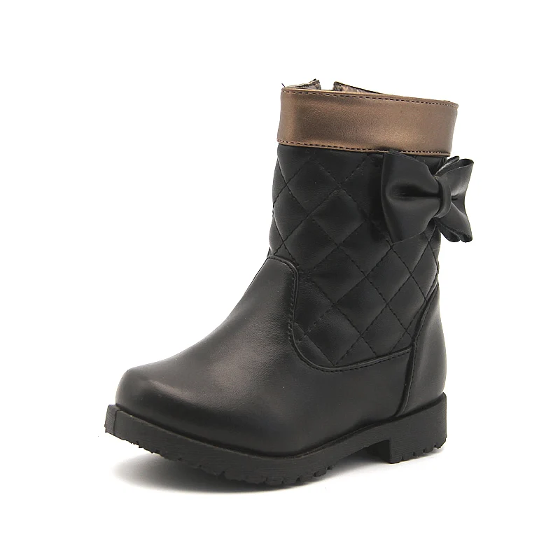 Ботинки до середины икры с бантиком-бабочкой; Детские черные ботинки из искусственной кожи