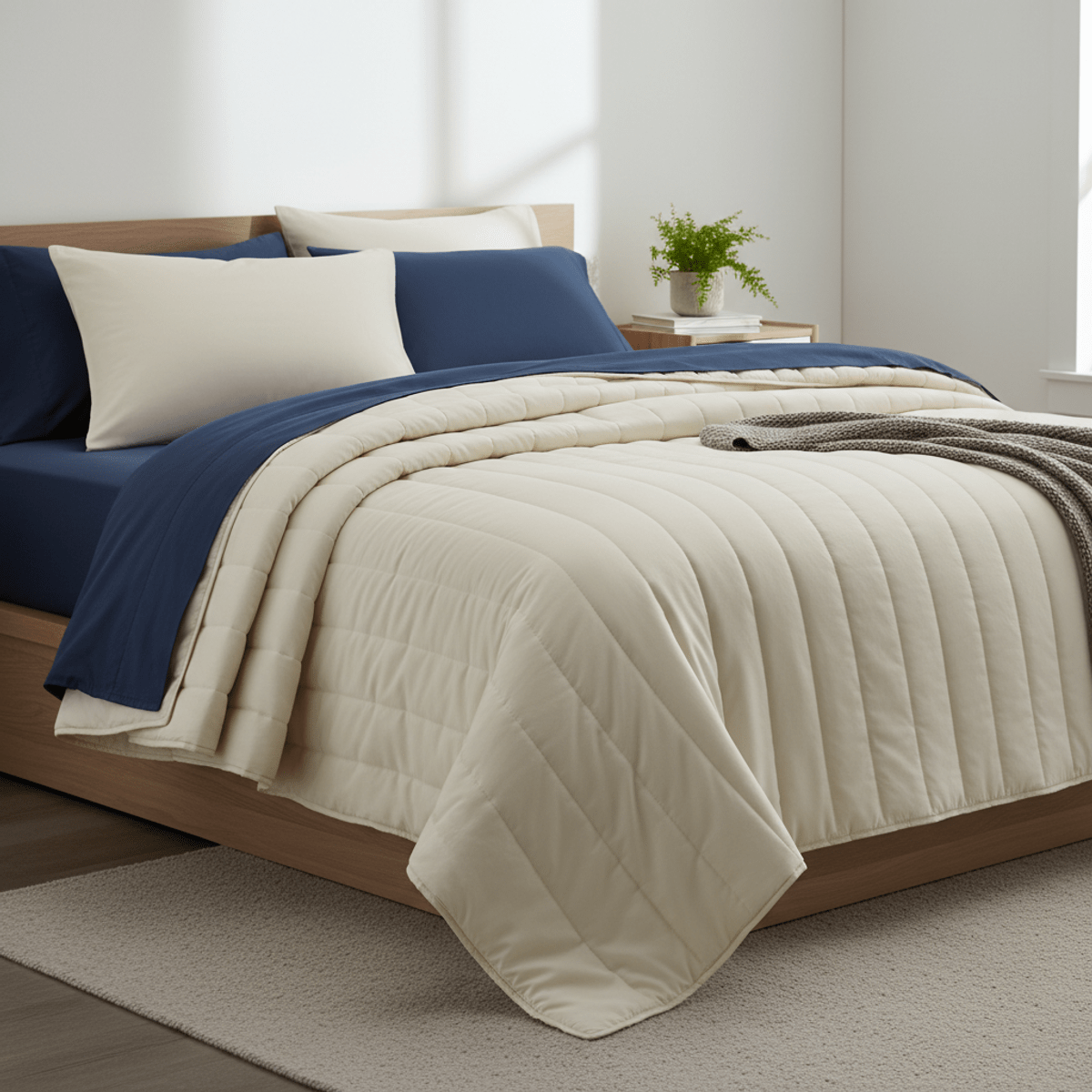 Lightweight channel-stitch quilted comforter on contemporary navy bedding, subtle geometric texture.