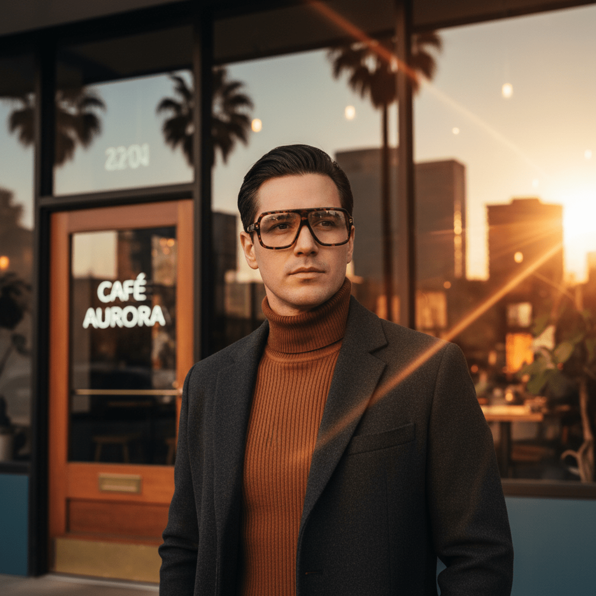 Modern man with tortoiseshell glasses in a cafe during golden hour.