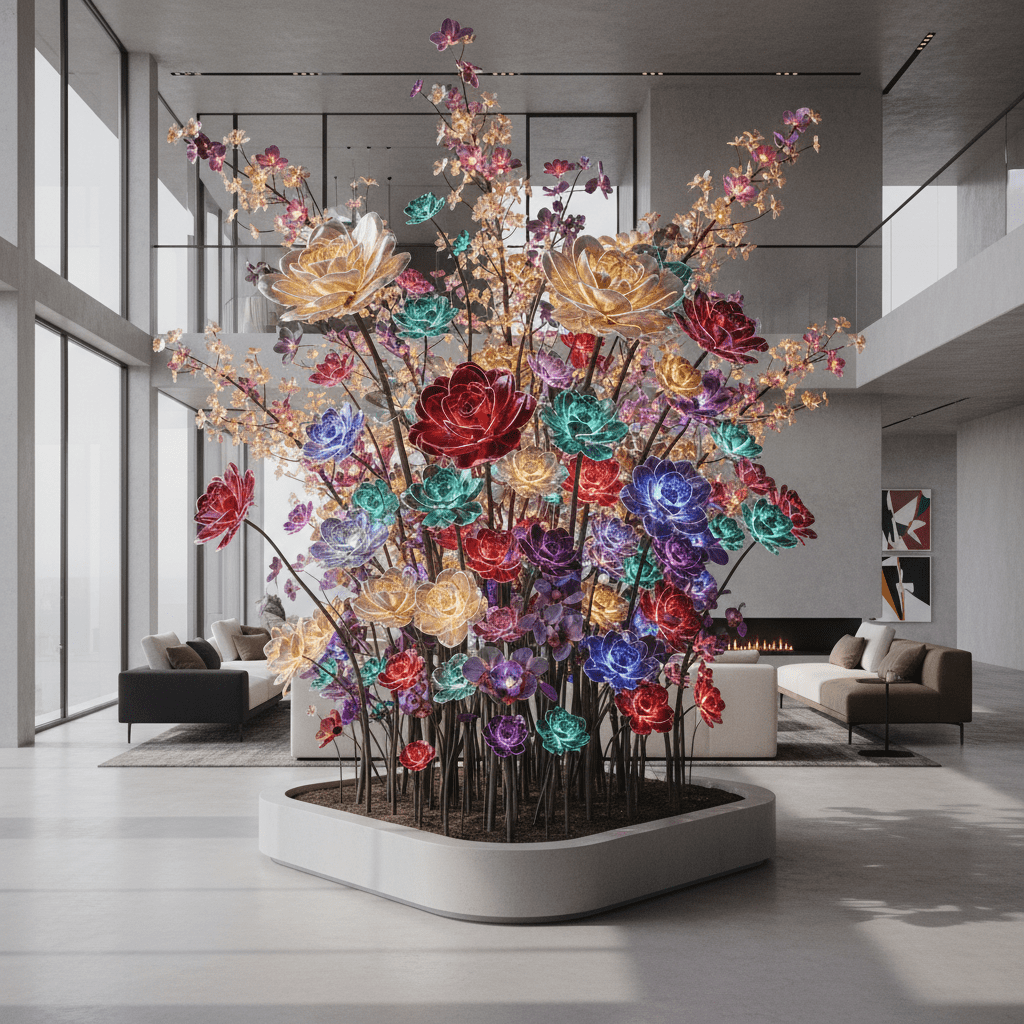 Responsive glow sculpture of forever flowers with embedded micro-LEDs and fiber optics.
