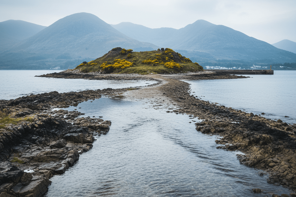 A secluded green island linked by a tidal causeway to a rocky Welsh shoreline under soft natural light