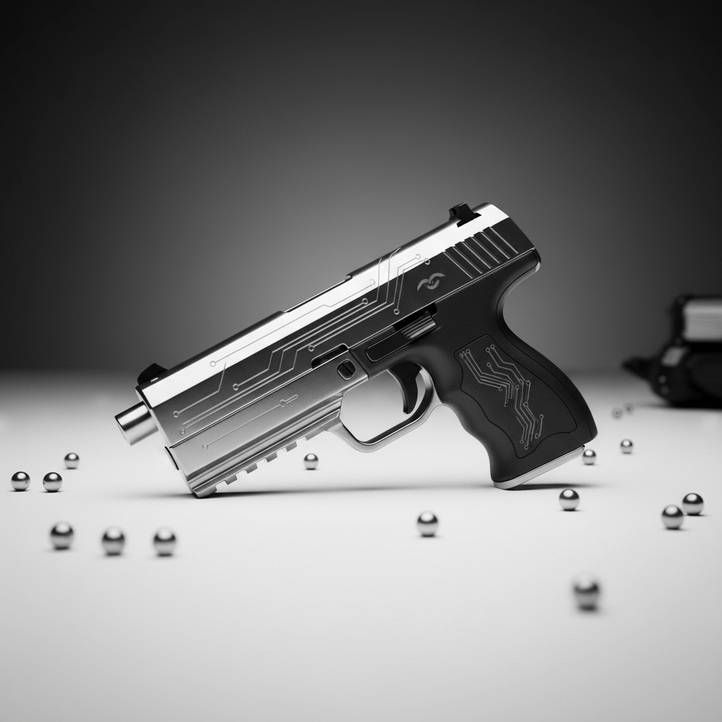 Futuristic ultra-compact BB gun with polished steel and matte grip. Ultra-compact futuristic BB gun with polished steel and matte grip on studio surface.