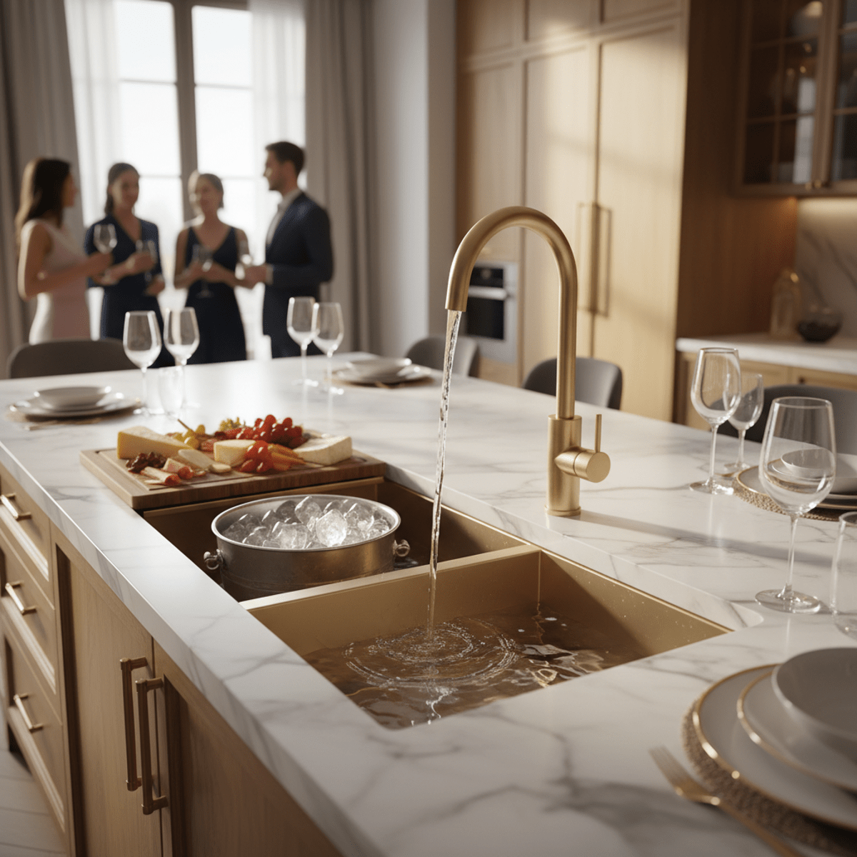 Luxurious brushed gold waterfall sink on island with ice bucket and charcuterie board.