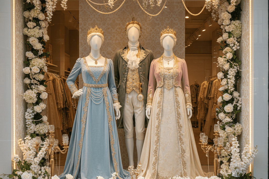 Regency-inspired retail window display with opulent fabrics and florals Retail window featuring pastel outfits, velvet textures, and floral accents under soft natural light