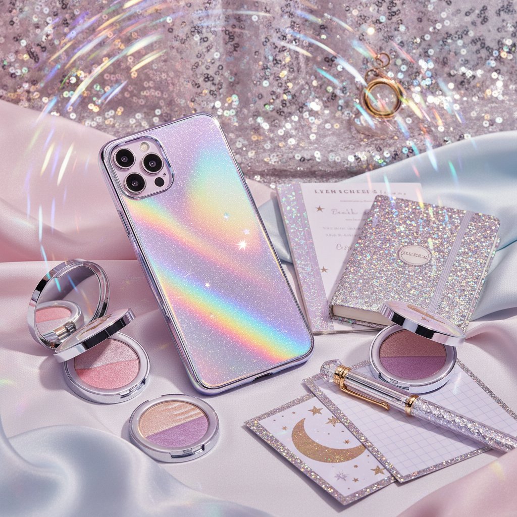 Glitter-infused prismatic phone case on pastel silk with makeup highlighters.