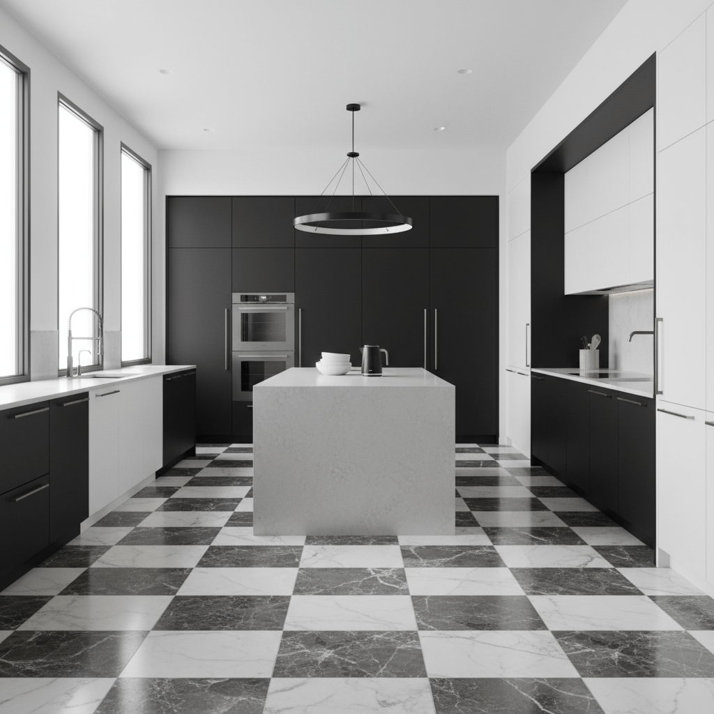 Modern black and white kitchen with reimagined checkerboard marble floor and matte cabinetry.