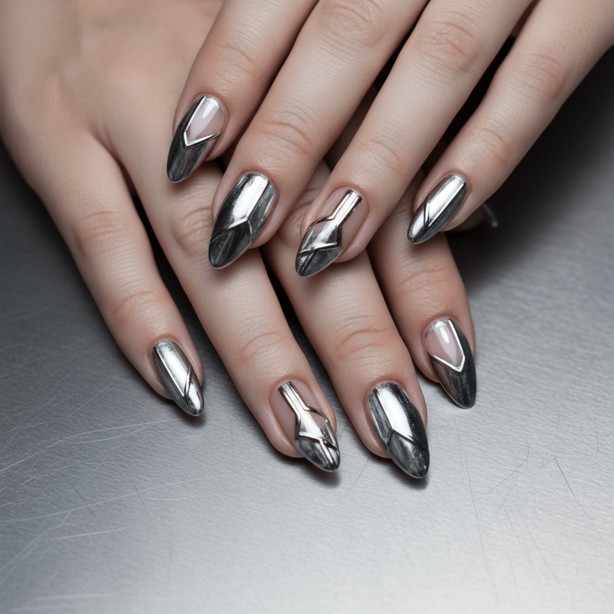 Overhead shot of geometric liquid chrome silver nail art on almond-shaped nails.