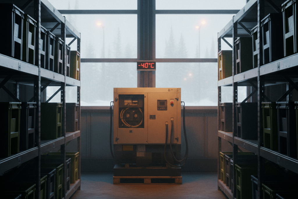 Industrial backup generator illuminating warehouse shelves during heavy snowstorm, ensuring supply chain continuity