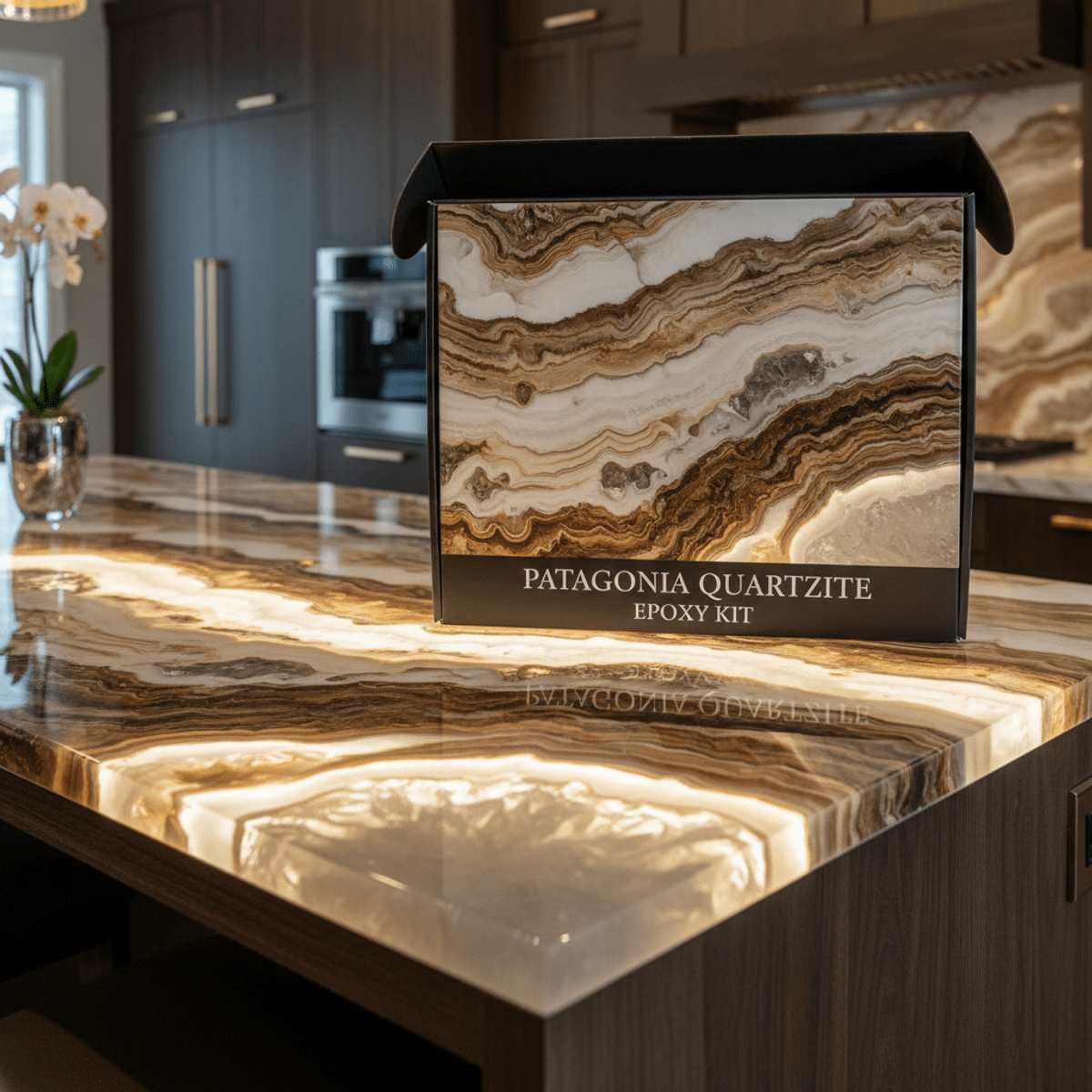 Close-up of epoxy countertop kit mimicking quartzite with cream, brown, and translucent resin patterns.
