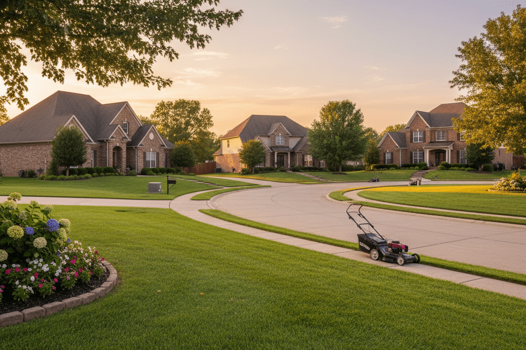 Wide shot of a suburban area with mowed lawns and parked lawnmowers, showcasing community behavior patterns