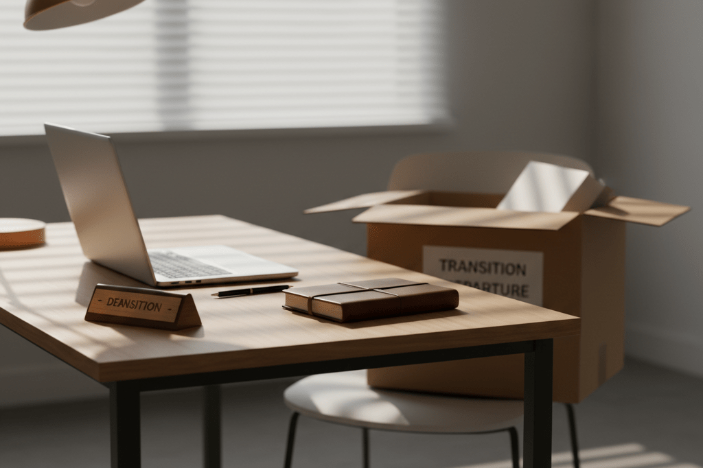 Neatly packed office desk with personal items under warm ambient lighting, representing a professional exit