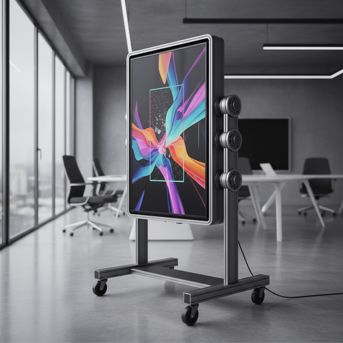 Sleek portable TV with aluminum frame displaying digital art in a modern studio.