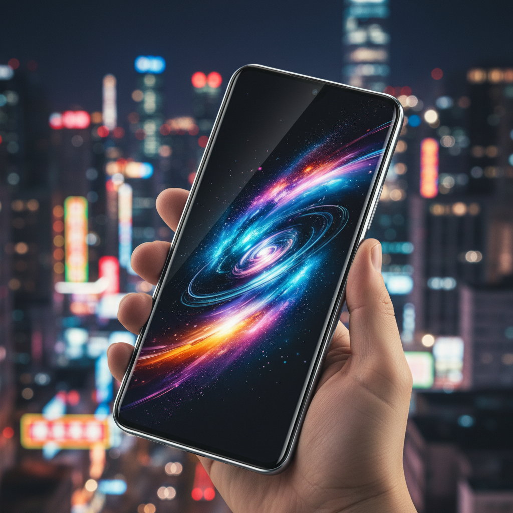 Futuristic phone in hand with glowing screen against a vibrant urban night cityscape.