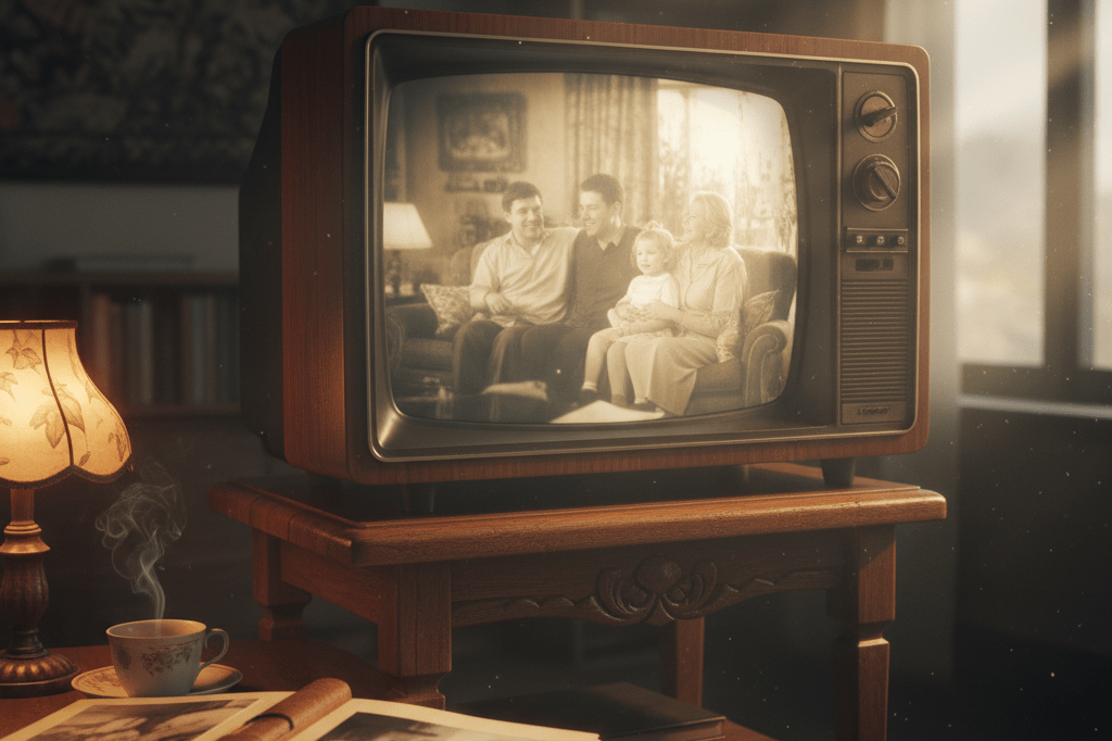 Old television displaying vague family scene with photo album, symbolizing nostalgia-driven customer engagement