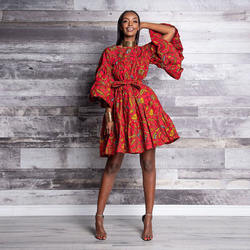 Hot Sale African Women Dresses A Line Round Neck Puff Flare Sleeves Color Print  Short Dress