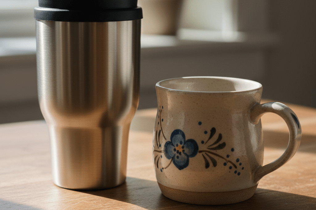 Close-up of modern and rustic mugs under warm ambient light, symbolizing dual-purpose marketing approaches