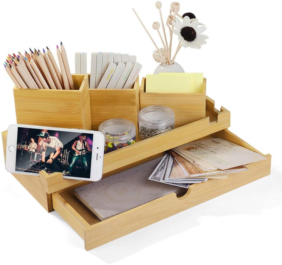 Бамбуковый Настольный органайзер, держатель для хранения и держатель для телефона, слоты для дома