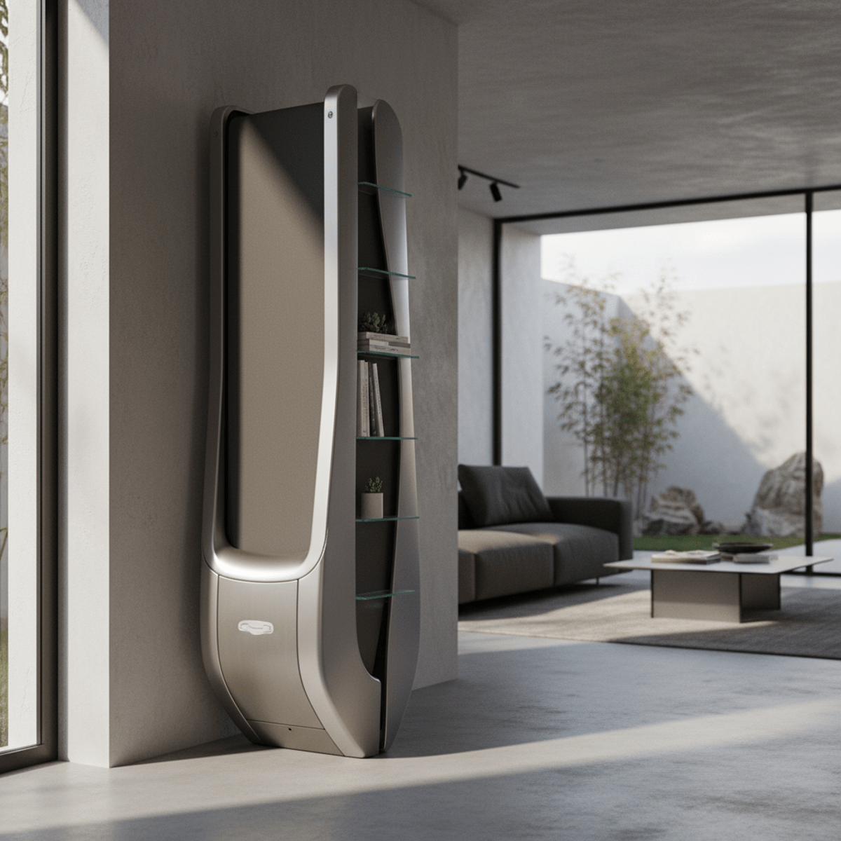Futuristic treadmill folded as art in a minimalist living room, brushed steel finish.
