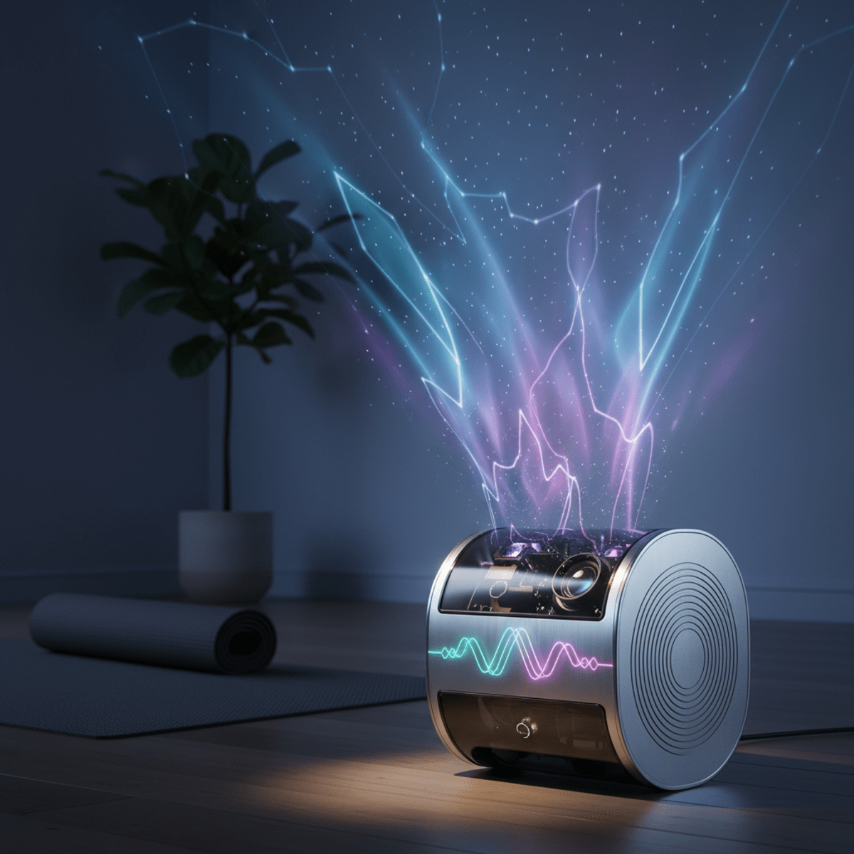 Metallic star projector in a wellness studio projecting calming gradients.