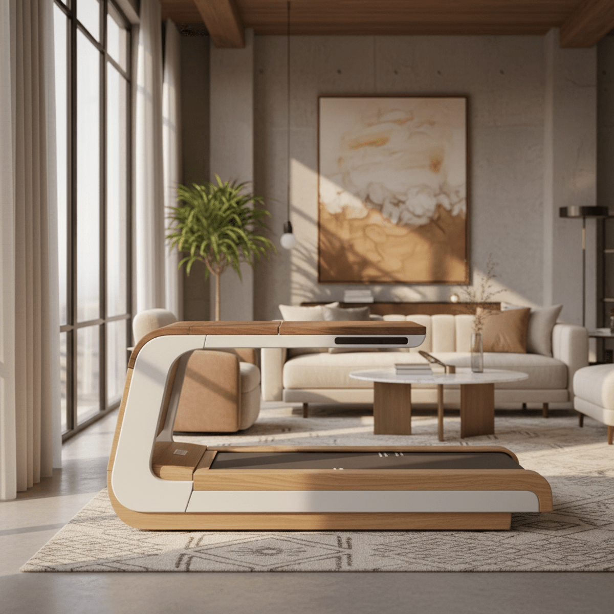 Low-profile treadmill disguised as a bench in a luxurious loft with walnut and oak.