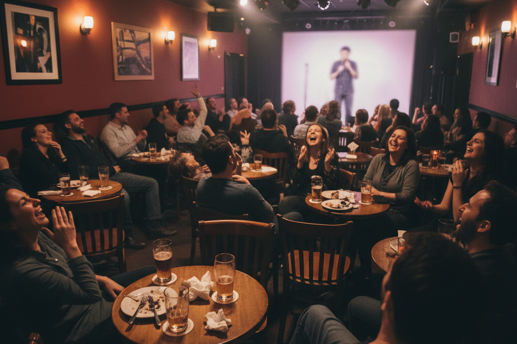 Warmly lit comedy club interior with laughing patrons and cozy table setups under ambient lighting