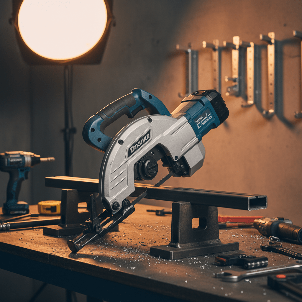 Cordless band saw cuts channel steel with clean finish on workbench.