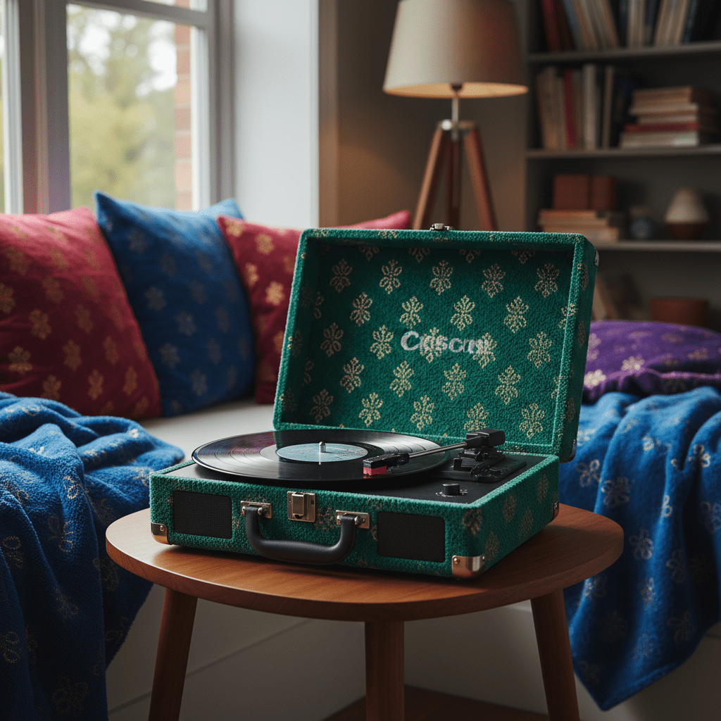 Bouclé LP player in a cozy reading nook Compact bouclé LP player on a mid-century side table in a cozy reading nook.