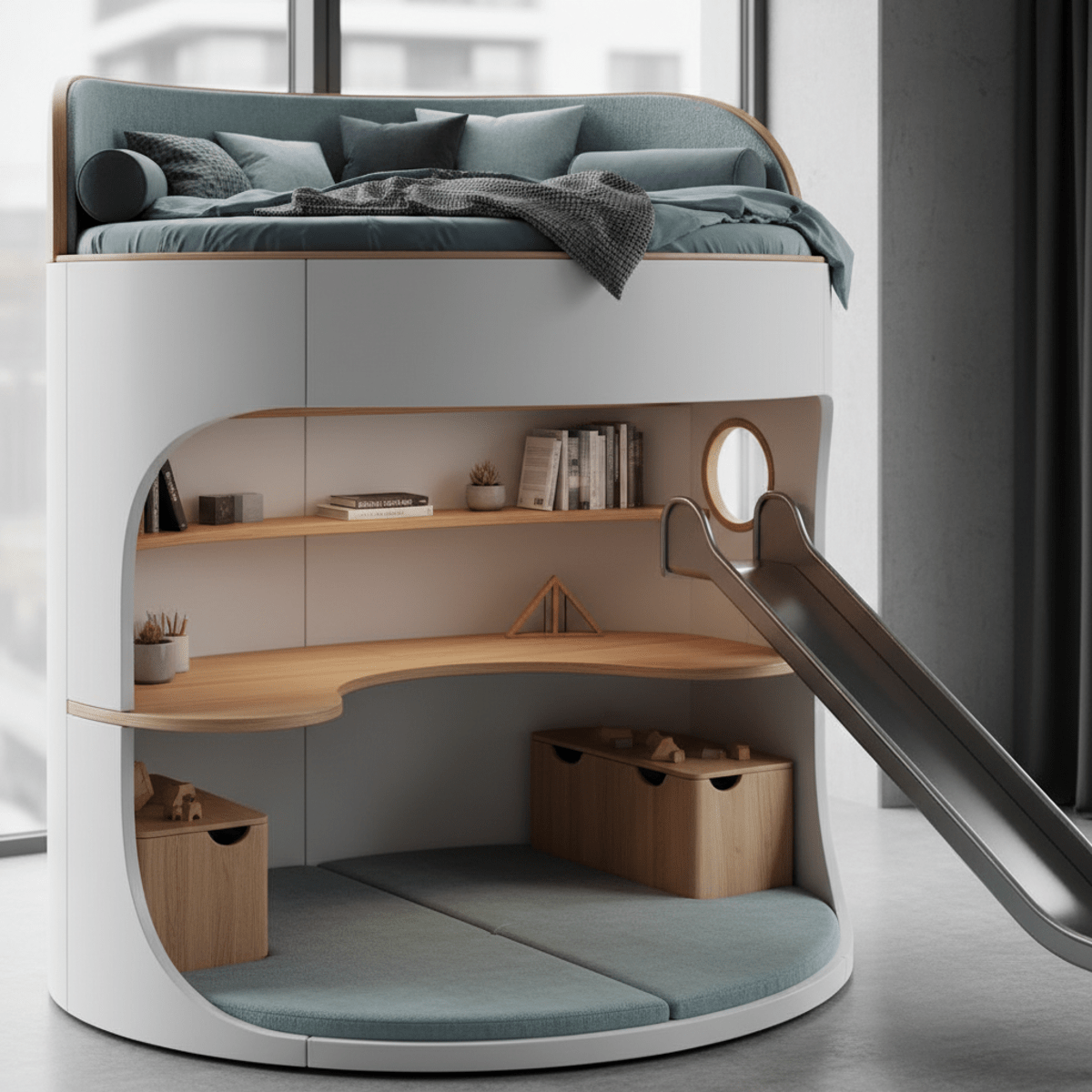 Modern circular bunk bed tower with integrated desk and play area in a compact apartment.