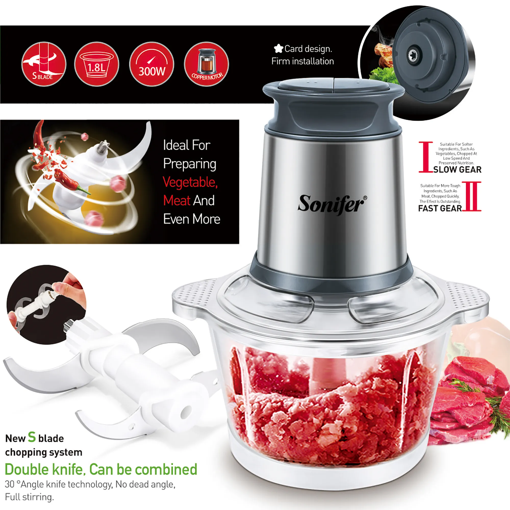 Sonifer Meat Mincer Machine 300W Stainless Steel Home Electric Food Chopper SF-8057